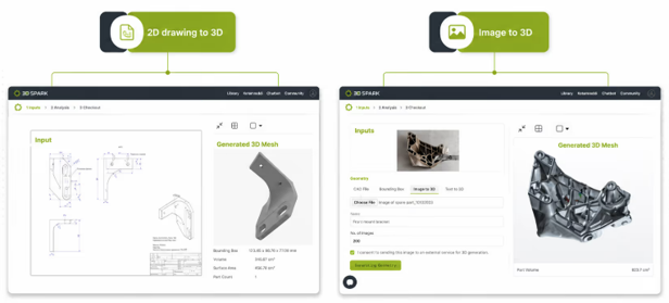 Real Voluminate examples: a technical drawing input (left) and a photo input (right)
