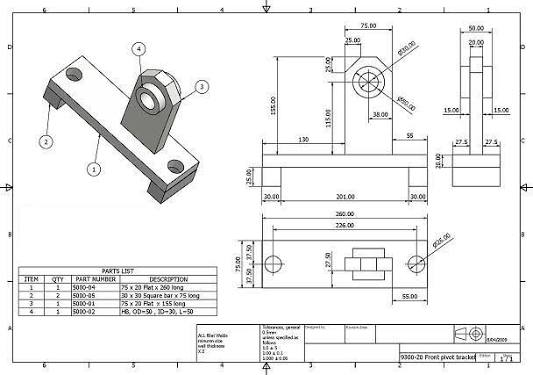 A bracket drawing with isometric view, multiple orthographic projections and a parts list