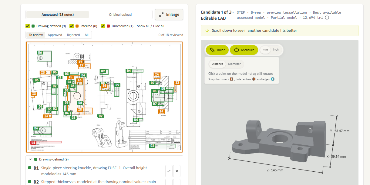 Voluminate showing the annotated steering-knuckle drawing, QA notes and reconstructed 3D candidate