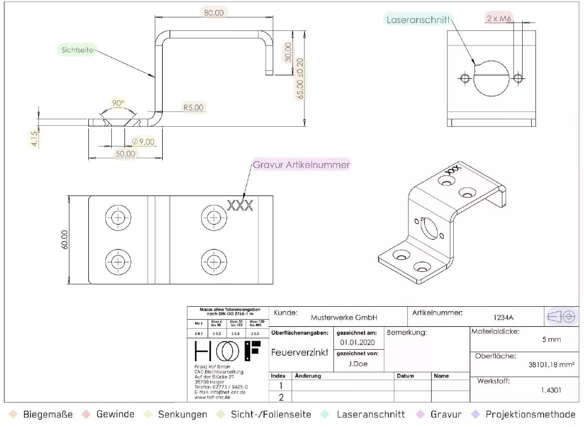A sheet-metal bracket drawing showing bend geometry, surface treatment, material thickness and title block