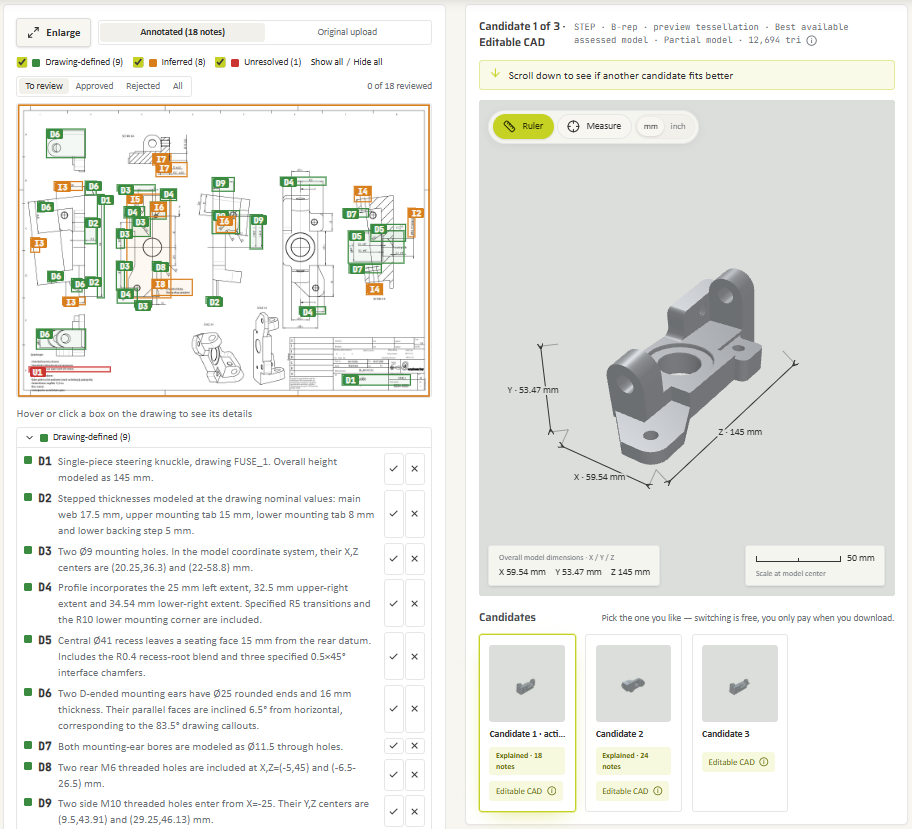 Voluminate review workspace: annotated drawing with checkmark and cross buttons on the left, 3D candidate with ruler and measurement tools on the right