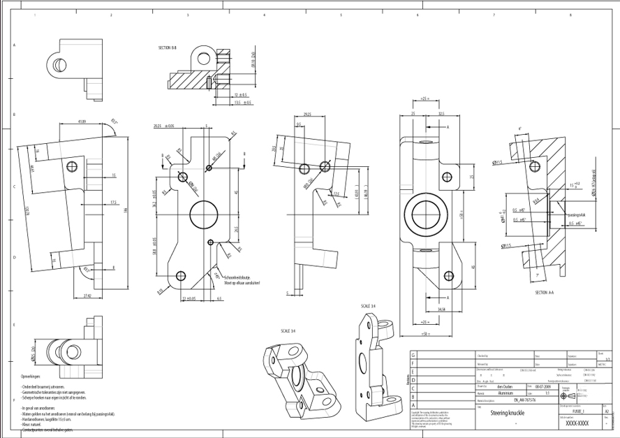 Original multi-view engineering drawing of the steering knuckle