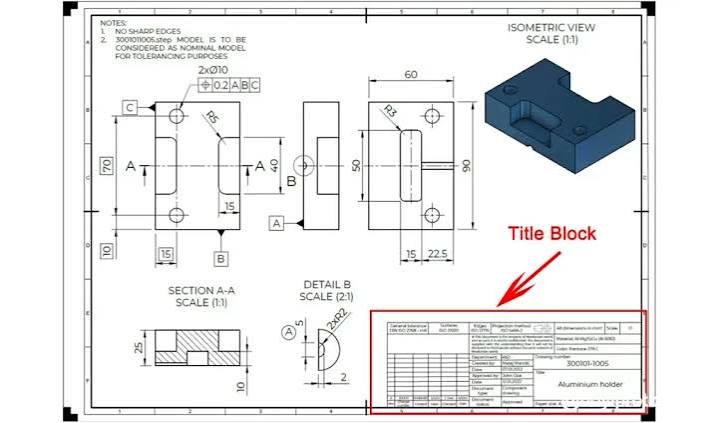 A machined part drawing with isometric view, section views, dimensions and a clear title block