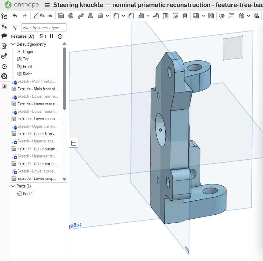 Steering-knuckle reconstruction open in Onshape with its feature tree visible